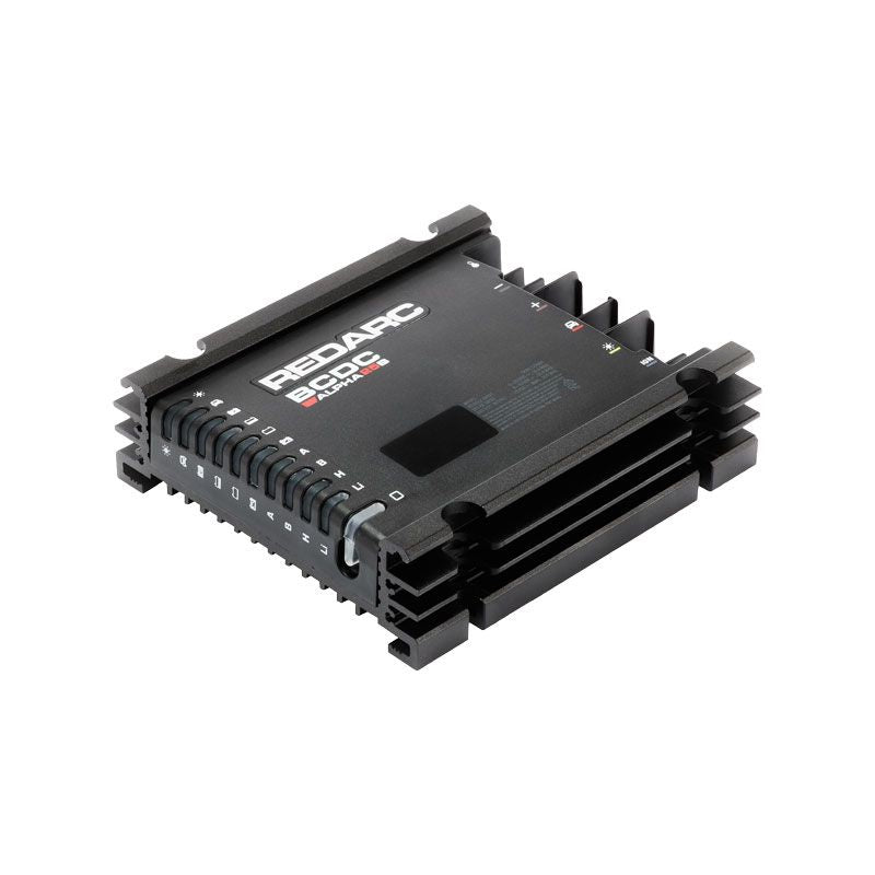 REDARC BCDC12025B 25A DC-DC battery charger showing black housing, mounting feet and charge-status indicators.