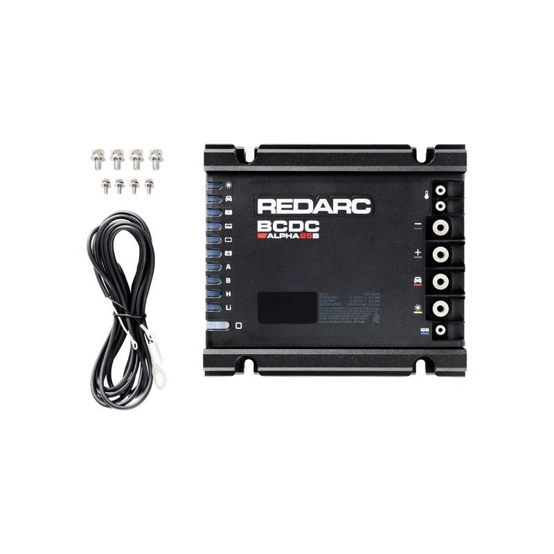 REDARC BCDC12025B 25A DC-DC battery charger showing view from above.