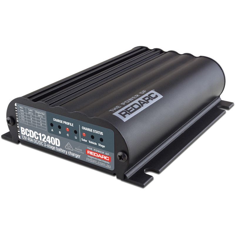REDARC BCDC1240D 40A DC-DC battery charger showing black housing, mounting feet and charge-status indicators.